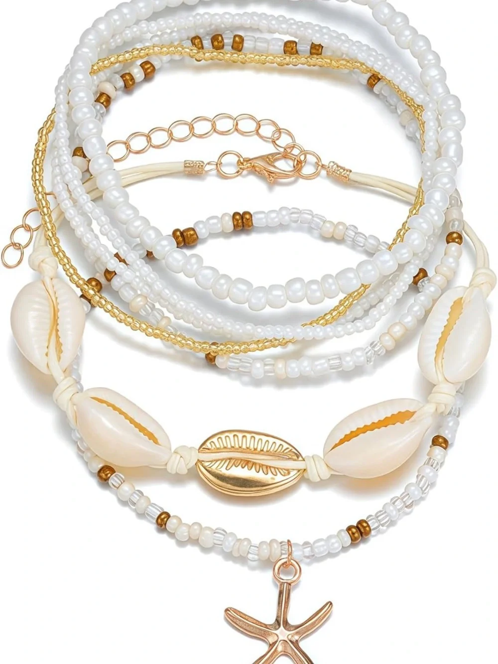 Anthropologie White & Gold Shell Anklet Stack